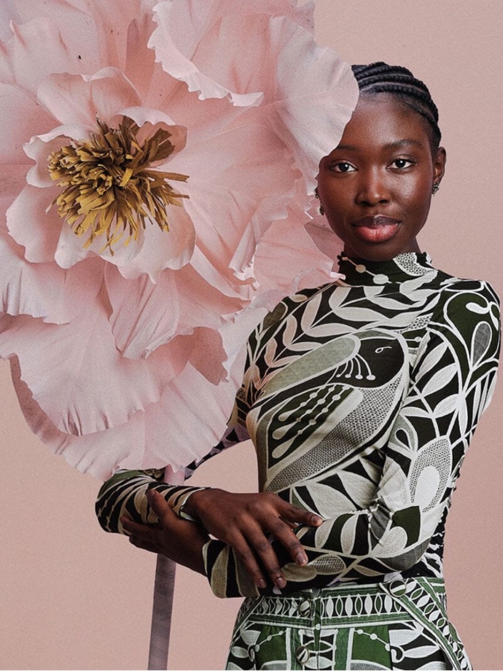 Farm Rio Green and Black Printed Long Sleeve Mock Turtleneck Top